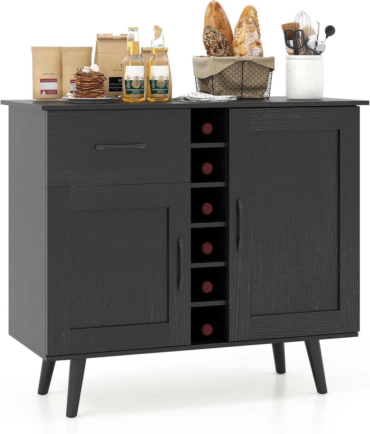 Giantex Bar Cabinet, Buffet Sideboard for 6 Wine Bottles, Wood Pantry Cupboard with Storage Drawer, 2 Door Cabinets, Anti-Toppling Devices, Credenza Organizer for Living Room Kitchen (Oak)