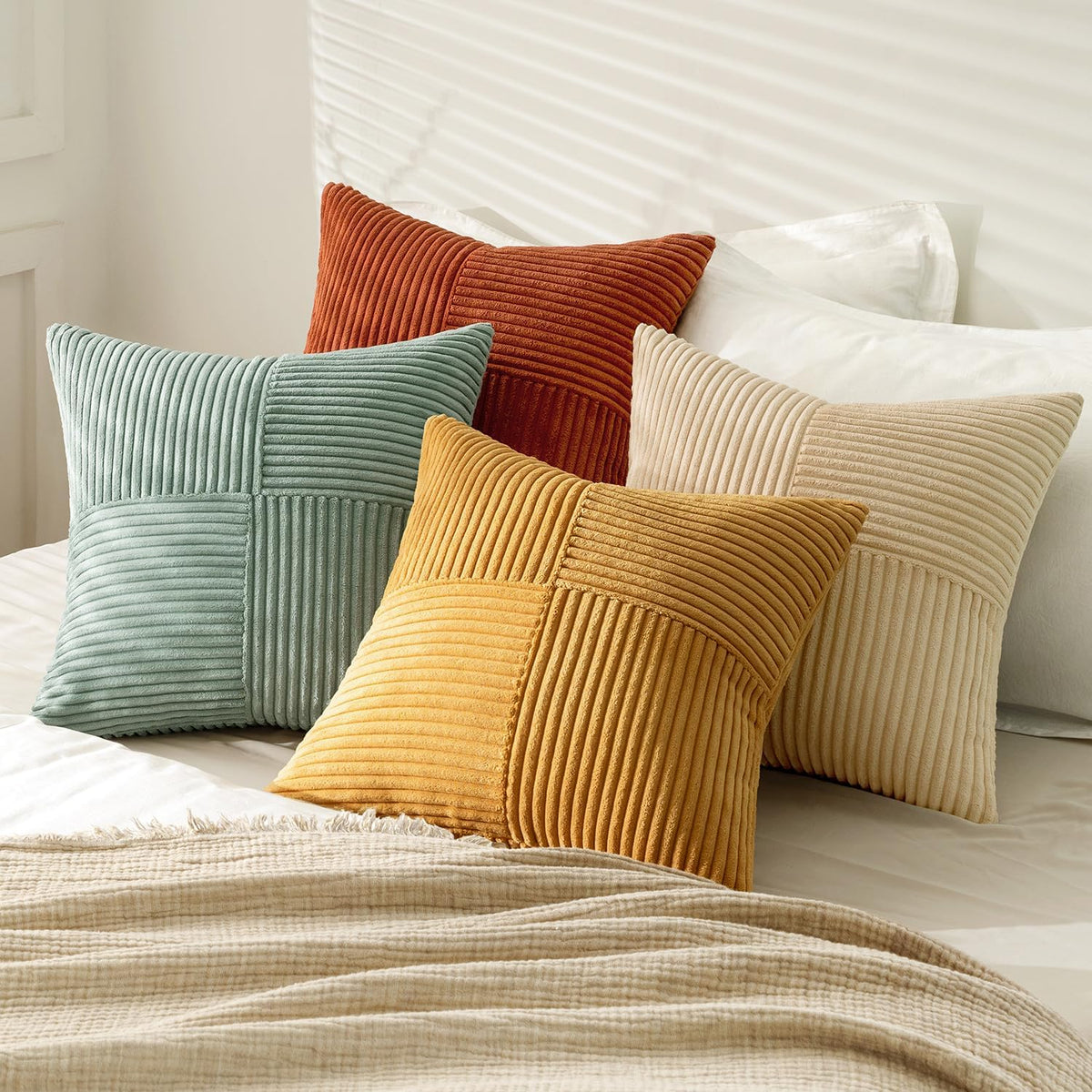 MIULEE Teal Orange Decorative Throw Pillow Covers 18x18 Inch Set of 4 Boho Corduroy Striped Cushion Cases Modern Farmhouse Patchwork Pillow Cases for Couch Sofa Bedroom Home Decor