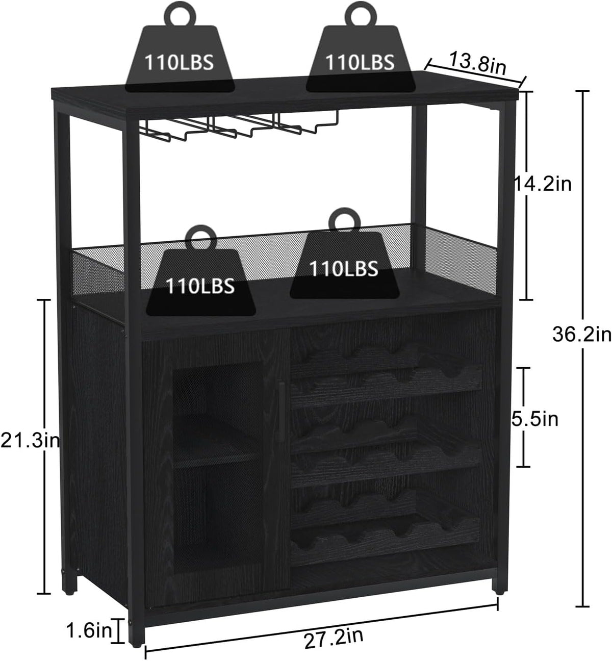 GAOMON Coffee Wine Bar Cabinet with Storage and Detachable Rack, Farmhouse Sideboard and Buffet Cabinet with Glass Holder and Mesh Door, Liquor Coffee Bar Cupboard, Black