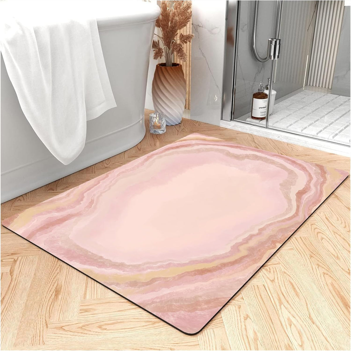 Thin Bath Mat, Diatomaceous Earth Shower Mat Non Slip Instantly Removes Water Drying Fast Bathroom Mat Modern Abstract Wave Marble Texture Easy to Clean (3x5ft/36x60in/90x150cm, Pink)