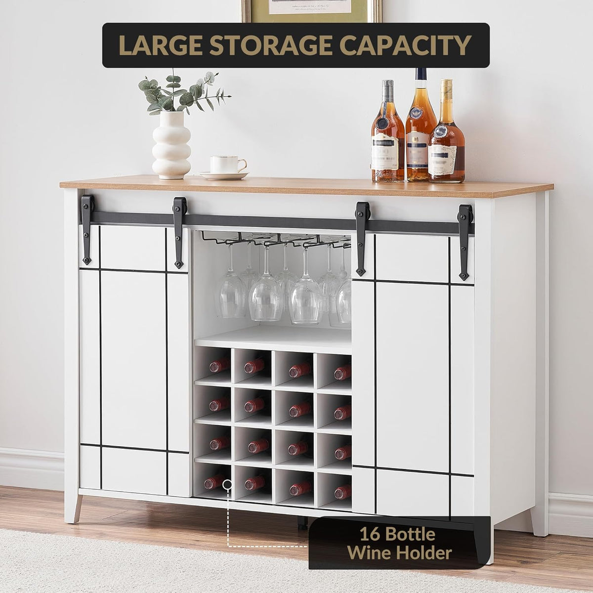 GAOMON Farmhouse Coffee Bar Cabinet 47", Buffet Cabinet with Sliding Barn Door, Coffee Bar with 4 Glass Hooks and 16 Wine Racks for Kitchen, Dining and Living Room, White