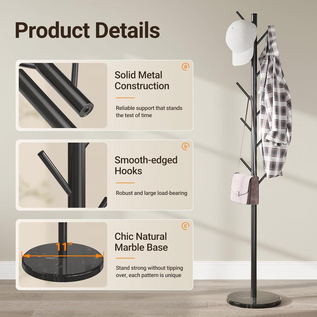 Coat Rack Freestanding with Natural Marble Base, Metal Coat Rack Stand with 10 Hooks, 3 Adjustable Size Coat Tree for Bags, Clothes, and Hats for Entryway, Bedroom, Hallway, Office, Black