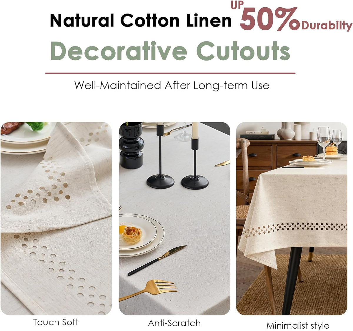 Natural Tablecloth, Rectangle Tablecloth with Decorative Cutouts, Stain Resistant & Wrinkle Free Table Cover for for Dining Table (Natural Cotton Linen, 70" x 52" (Rectangular))