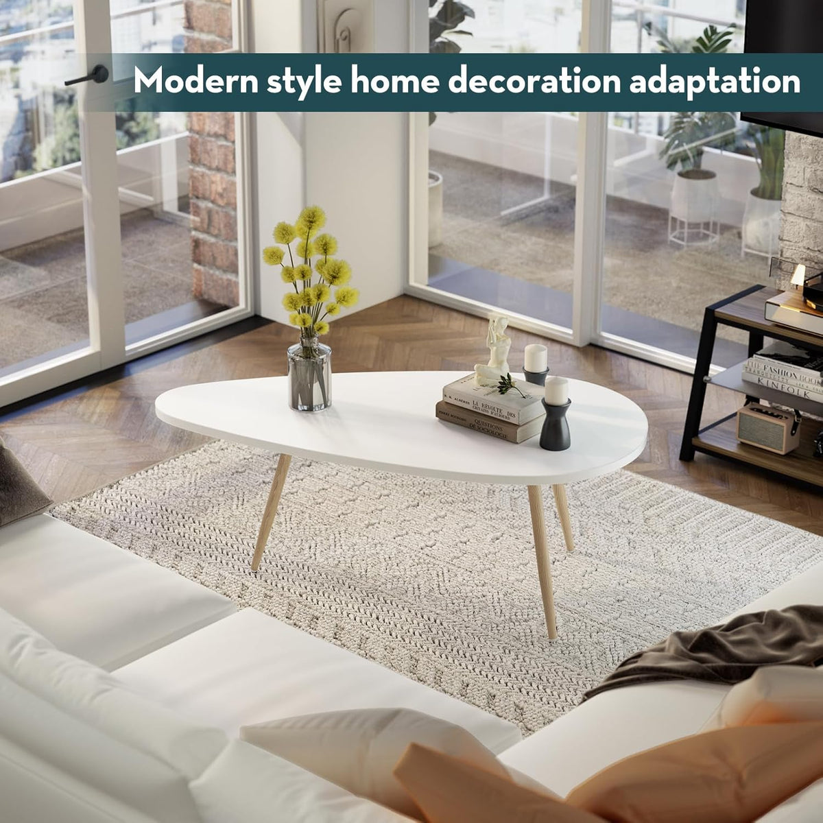 SAYGOER Modern Coffee Table White Oval Coffee Tables for Living Room Simple Center Table for Small Space Home Office Easy Assembly 22.2" D x 42.5" W x 17.1" H, White