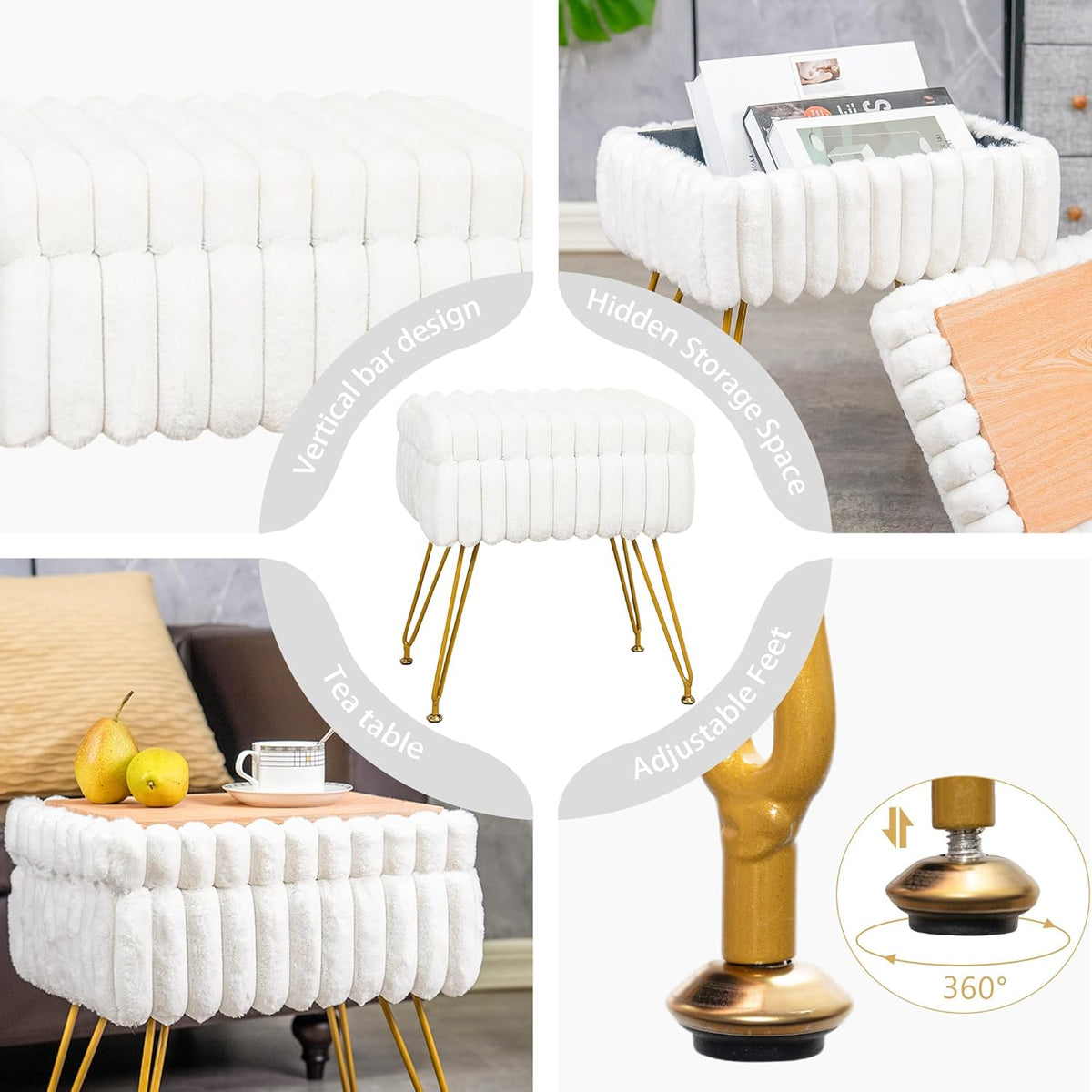 Faux Fur White Vanity Stool Chair with Storage Ottoman, Vanity Chair for Makeup Room, Vanity Stools for Bedroom, Footrest with Metal Legs and as a Coffee Table, White