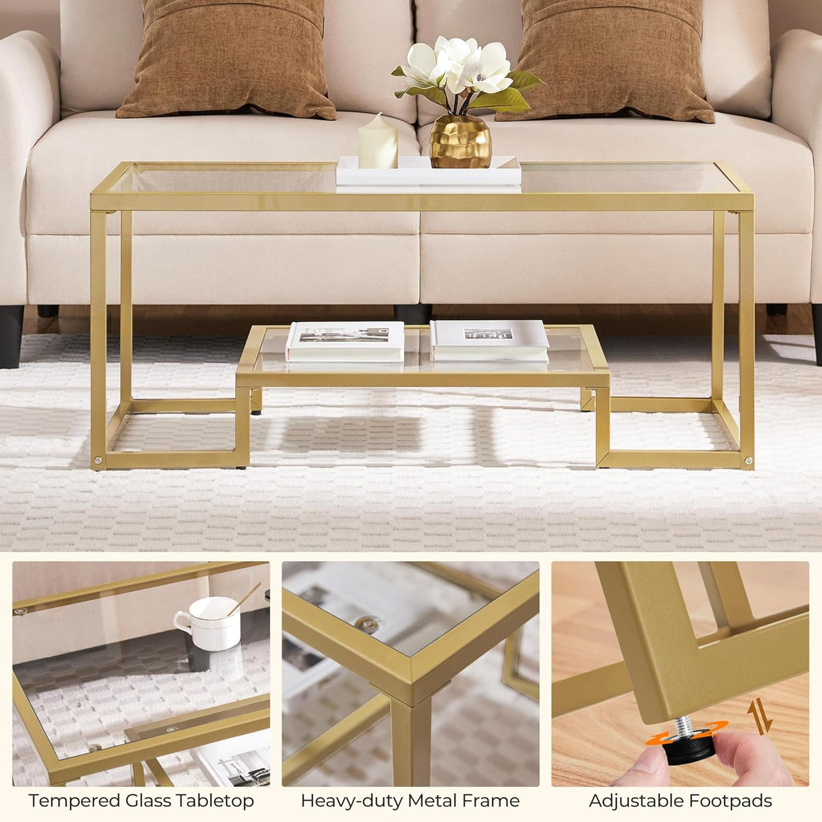 Yaheetech Gold Coffee Table, 42" Rectangular Glass Coffee Table for Living Room, 2-Tier Living Room Tables with Storage Center Tea Tables with Metal Frame for Small Space, Apartment, Office